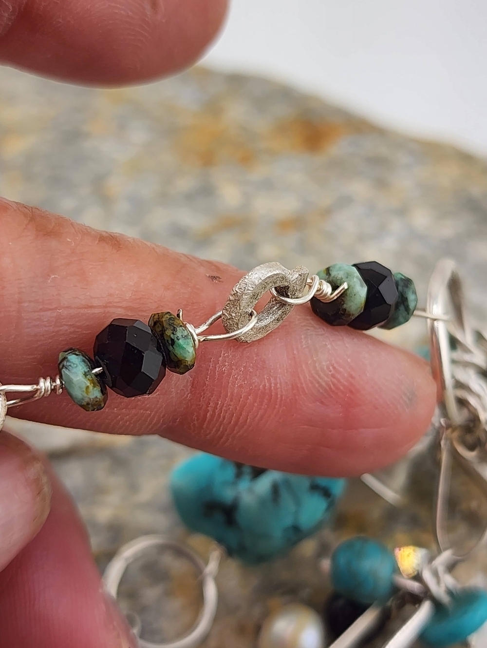 BANGLE HANDMADE BRACELET TURQUOISE, ONYX & PEARLS HANDMADE IN STERLING SILVER - Picture 10 of 14
